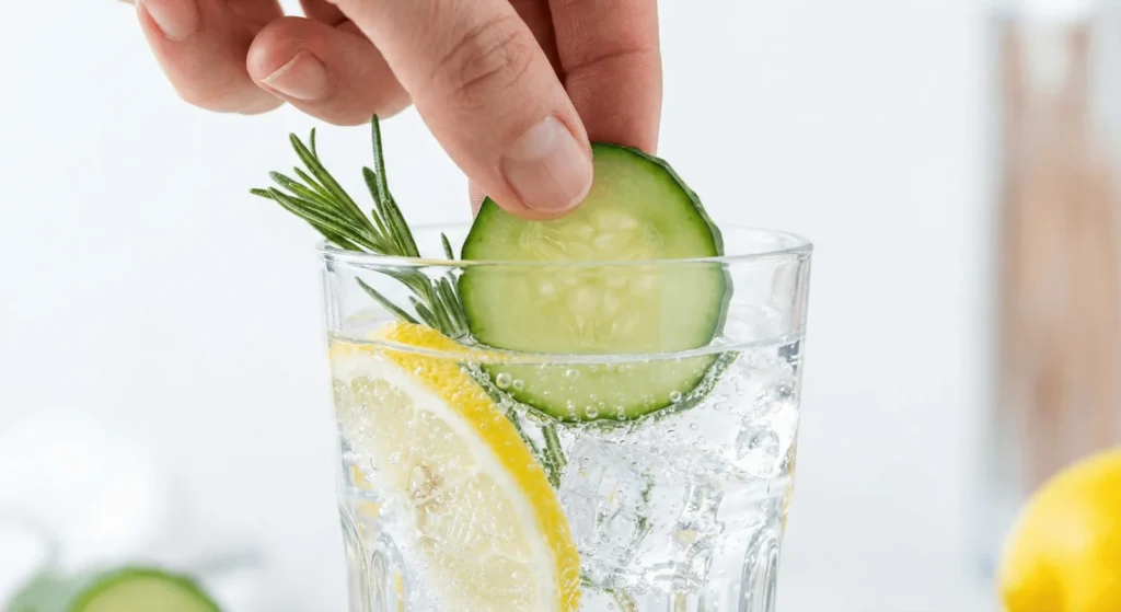 Preparação de receita de água saborizada com pepino e limão em copo com gelo.