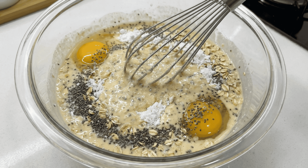 Preparação da massa de crepioca turbinada misturando ovos, goma e sementes de chia em um bowl.