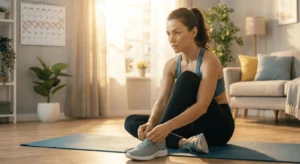 Mulher determinada amarrando o tênis para treinar em casa, com um calendário de hábitos ao fundo.