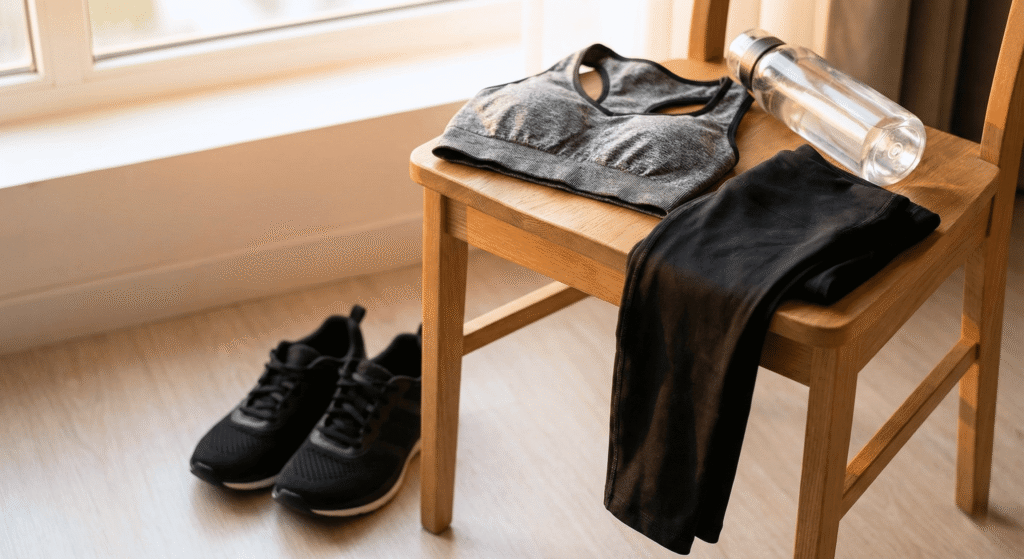 Roupa de ginástica organizada na cadeira na noite anterior para facilitar a disciplina.