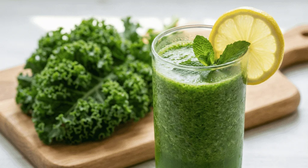 Close-up de um copo alto com suco detox verde de couve, decorado com uma rodela de limão siciliano na borda e um ramo de hortelã, com um maço de couve fresca desfocada ao fundo.