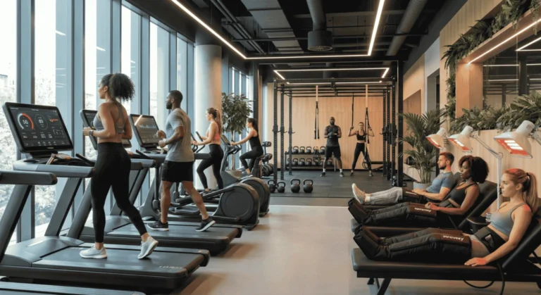 Visão ampla de uma academia futurista e movimentada em 2026, com pessoas treinando usando tecnologia avançada, luzes neon azuis e áreas de treino funcional e recuperação.