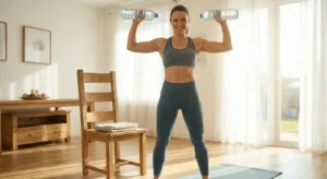 Mulher sorrindo fazendo treino em casa com garrafa pet e cadeira na sala.
