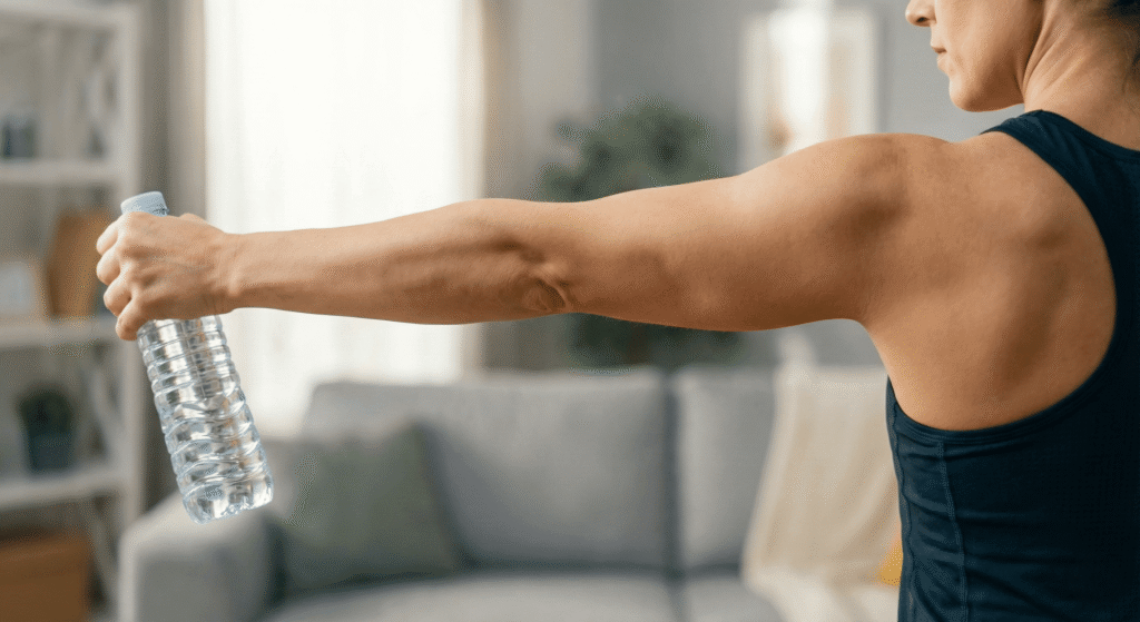 Detalhe do exercício tríceps coice feito com garrafas de água.