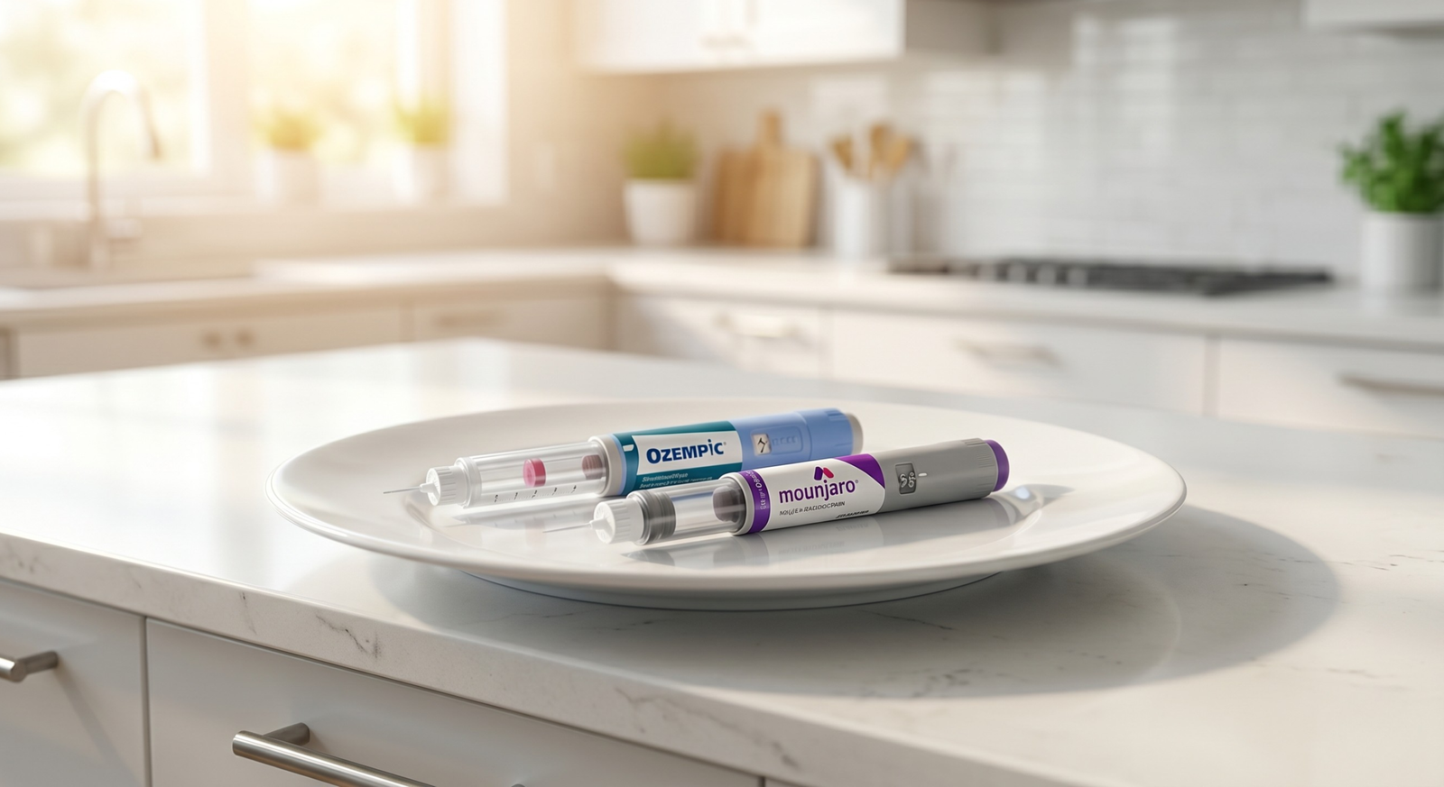 Duas canetas de medicamentos emagrecedores, Ozempic e Mounjaro, deitadas em um prato cerâmico branco sobre uma bancada de cozinha moderna.