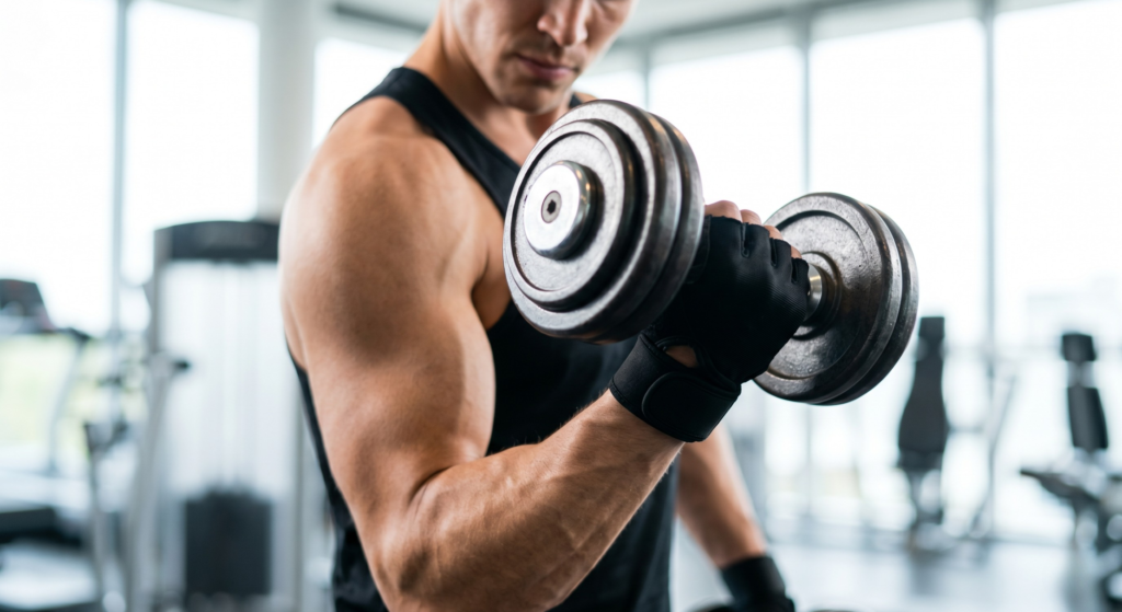 Pessoa focada levantando peso na academia para manter a massa muscular.