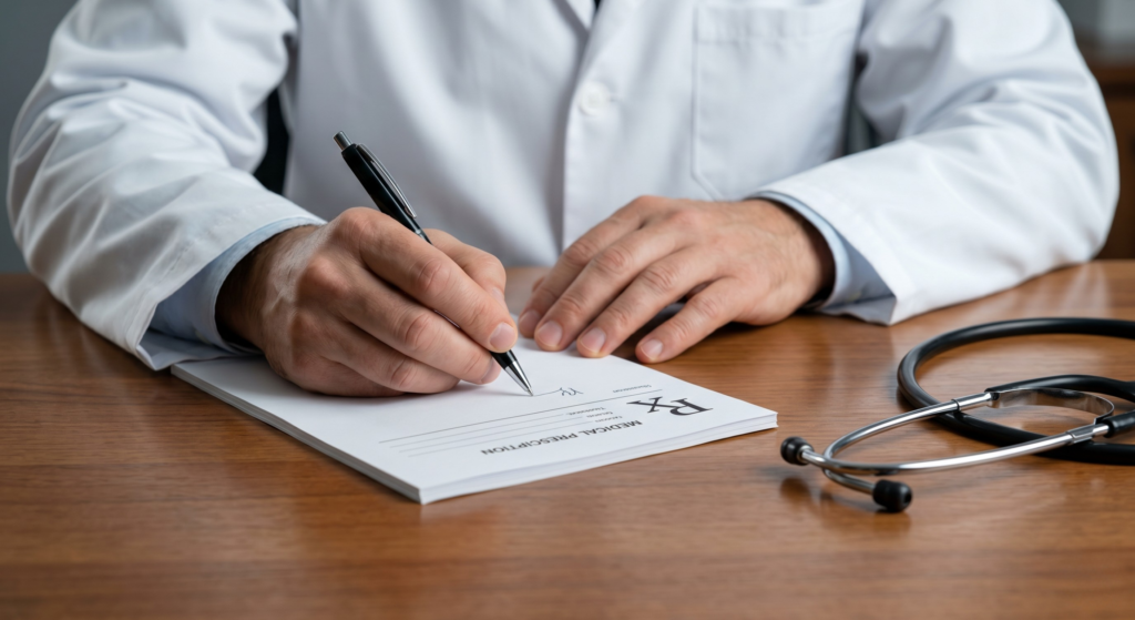 Mãos de um médico preenchendo uma receita para uso responsável de canetas emagrecedoras.