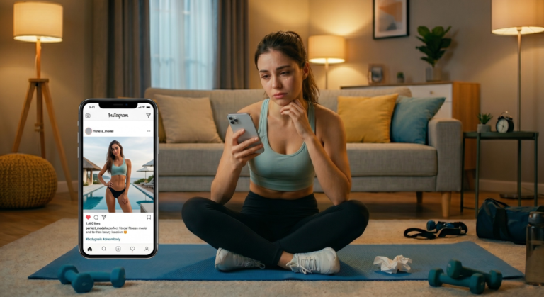 Mulher refletindo sobre a comparação nas redes sociais enquanto olha o celular após o treino em casa.