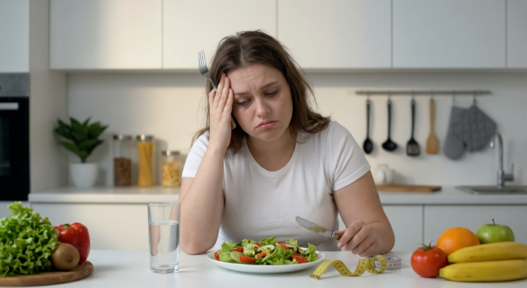 Mulher frustrada com a dieta, representando a dificuldade de emagrecer devido ao cortisol alto.