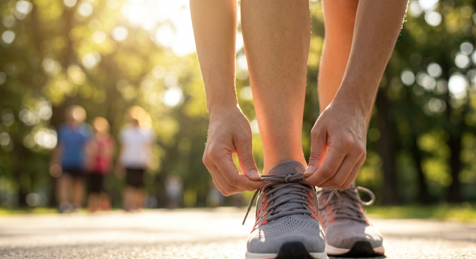 Pessoa amarrando o tênis de corrida no parque, mantendo o foco no próprio progresso físico.