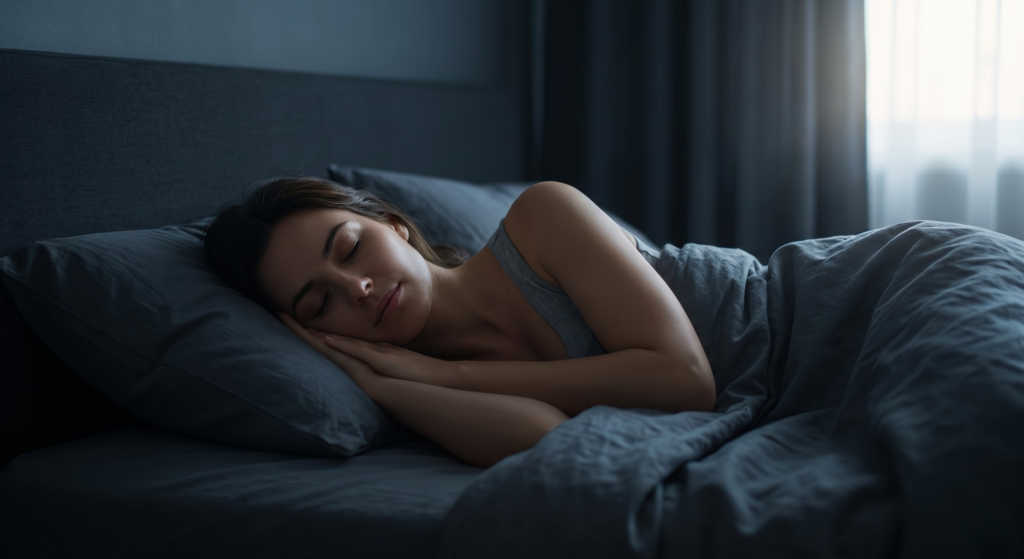Mulher dormindo profundamente, destacando a importância do sono de qualidade para evitar o cortisol alto.